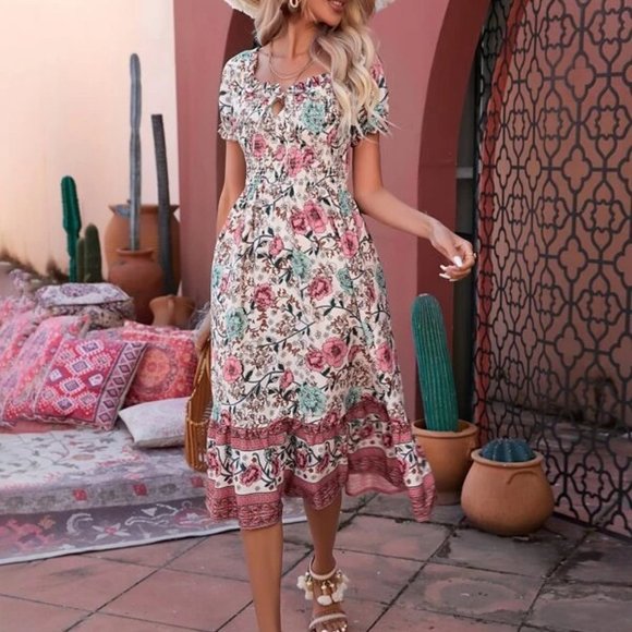 Boho Floral Print Puff Sleeve Dress - Picture 5 of 6